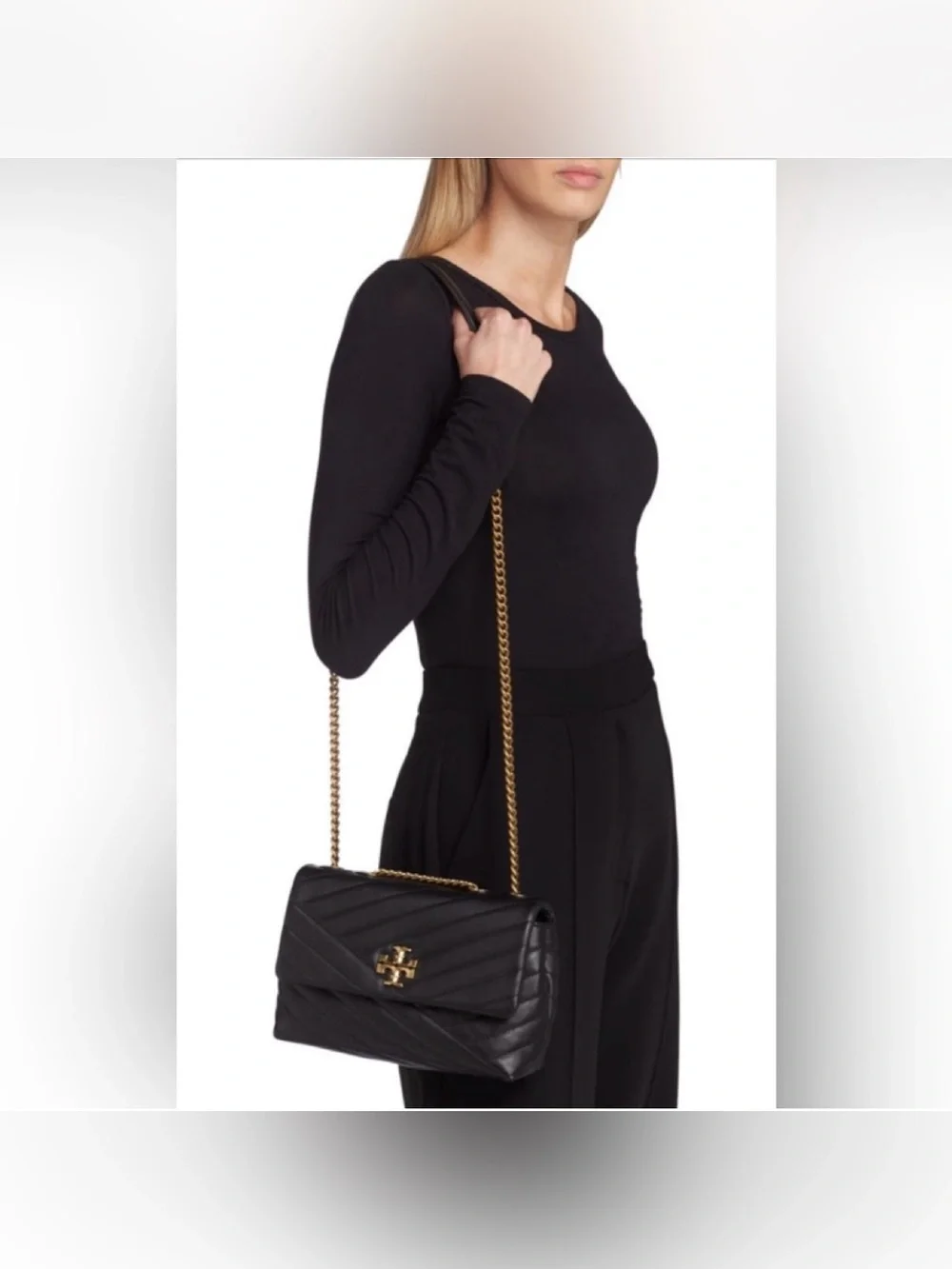 Tory Burch Kira Chevron Convertible Shoulder Bag Black Leather with Dust Bag